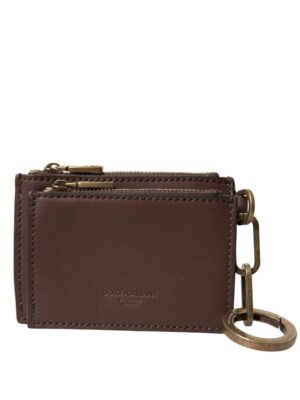 Dolce & Gabbana Brown Leather Zip Logo Keyring Coin Purse Keyring Wallet