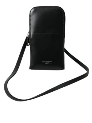 Dolce & Gabbana Black Leather Zip Around Logo Print Lanyard Strap Wallet