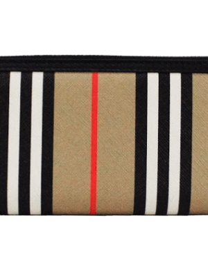 Burberry Ellerby Black Leather Icon Stripe Canvas Zip Around Continental Wallet
