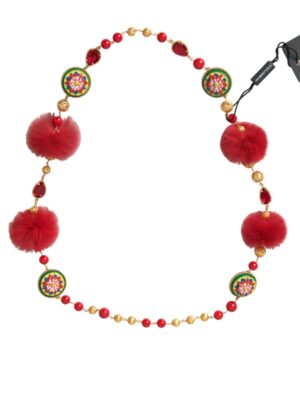 Dolce & Gabbana Gold Brass Red Fur Crystal Carretto Chain Necklace