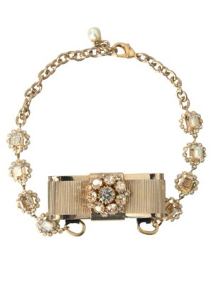 Dolce & Gabbana Gold Brass Clear Crystal Bow Chain Choker Necklace