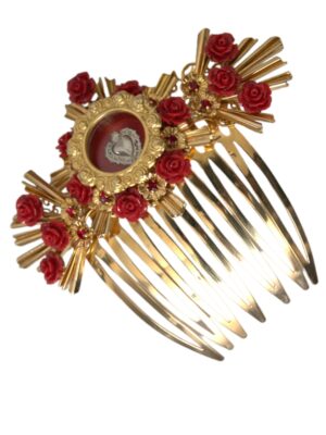 Dolce & Gabbana Gold Brass Crystal Heart Floral Hair Comb