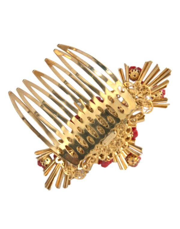 Dolce & Gabbana Gold Brass Crystal Heart Floral Hair Comb - Image 2