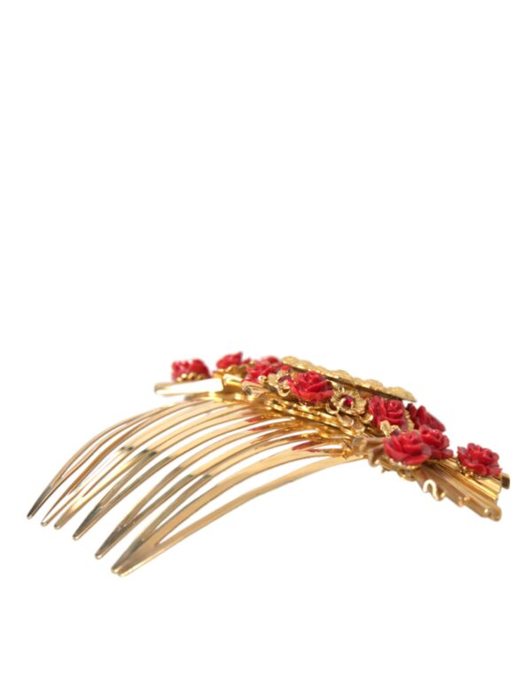 Dolce & Gabbana Gold Brass Crystal Heart Floral Hair Comb - Image 3