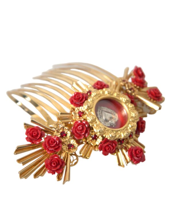 Dolce & Gabbana Gold Brass Crystal Heart Floral Hair Comb - Image 4