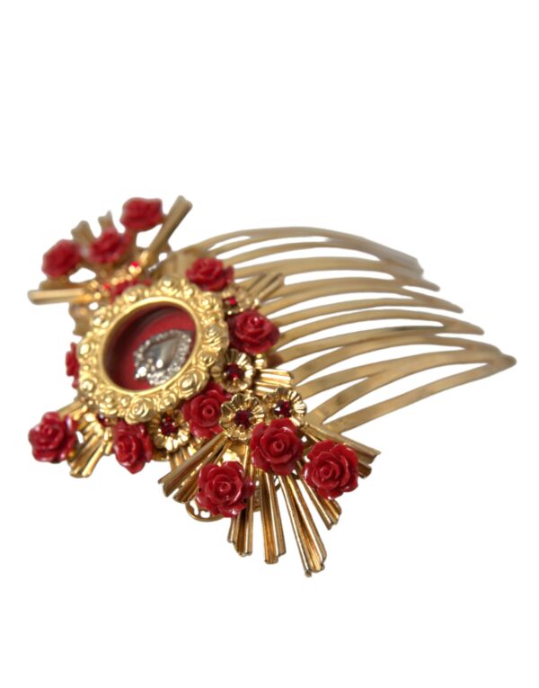 Dolce & Gabbana Gold Brass Crystal Heart Floral Hair Comb - Image 5