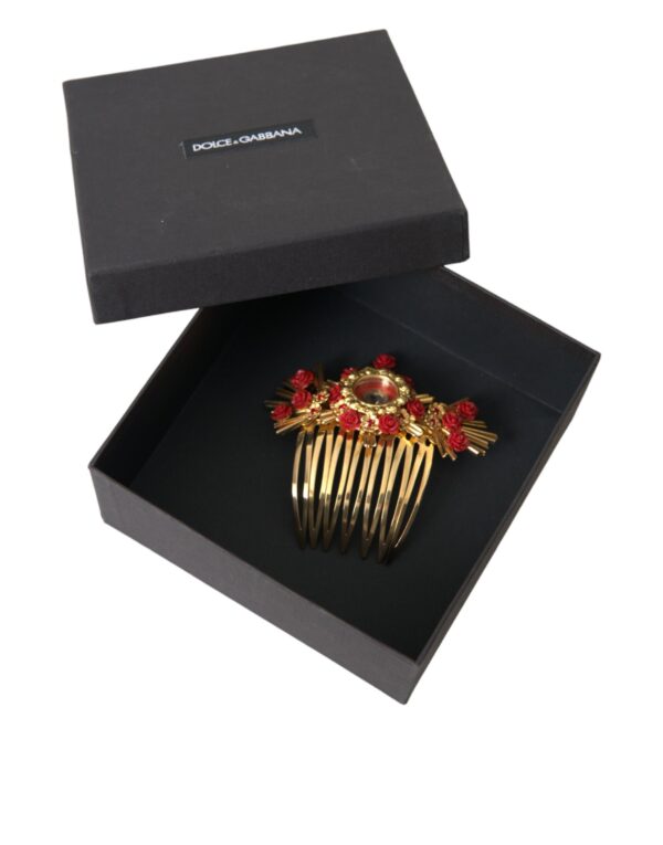 Dolce & Gabbana Gold Brass Crystal Heart Floral Hair Comb - Image 7