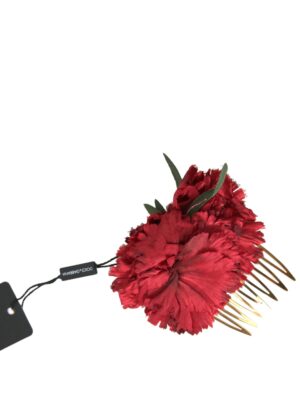 Dolce & Gabbana Red Silk Floral Gold Brass Women Hair Comb