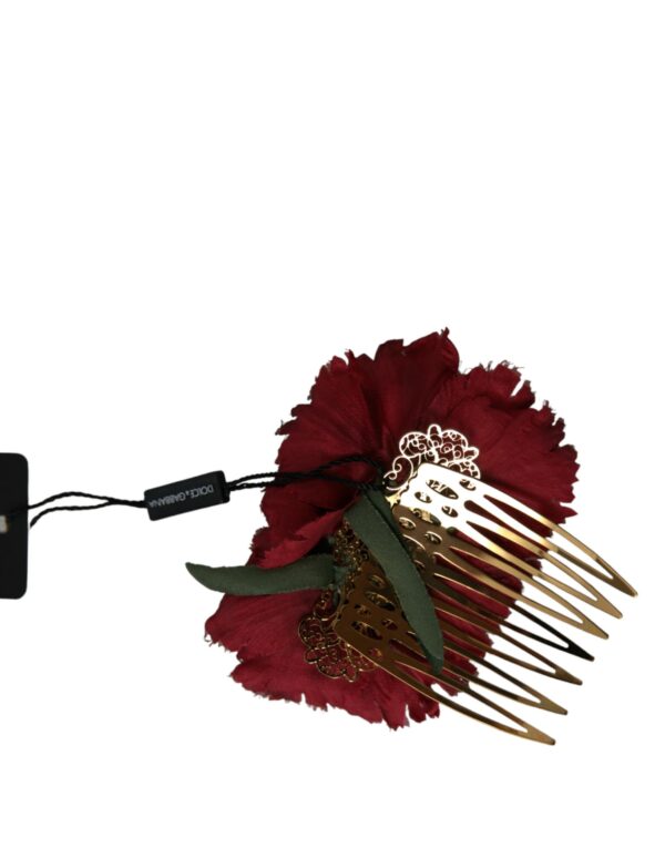 Dolce & Gabbana Red Silk Floral Gold Brass Women Hair Comb - Image 2