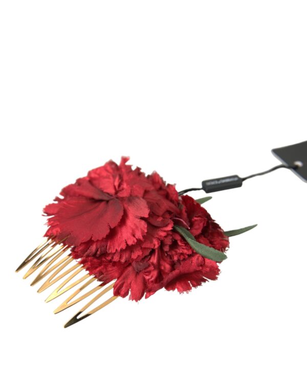 Dolce & Gabbana Red Silk Floral Gold Brass Women Hair Comb - Image 3