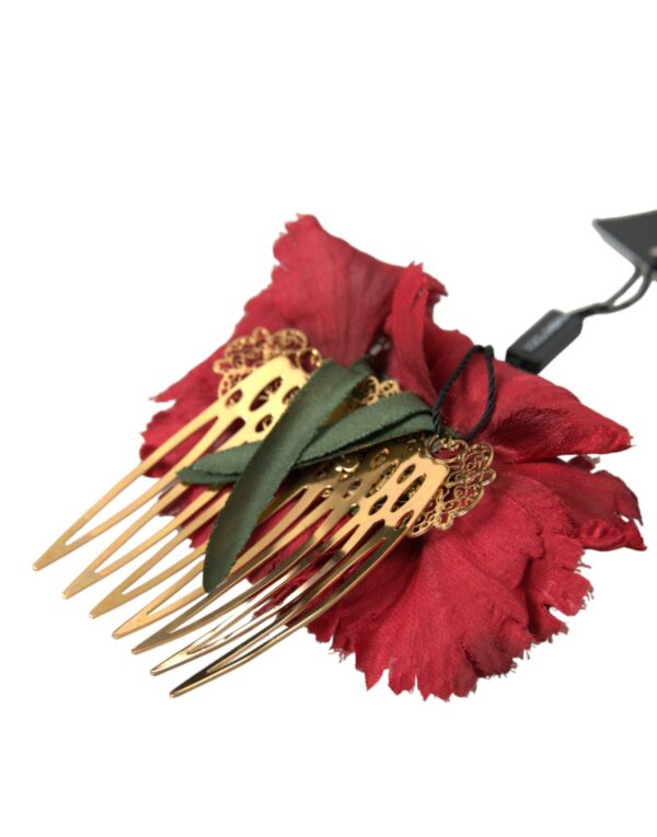 Dolce & Gabbana Red Silk Floral Gold Brass Women Hair Comb - Image 4
