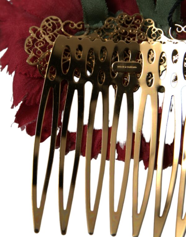 Dolce & Gabbana Red Silk Floral Gold Brass Women Hair Comb - Image 5