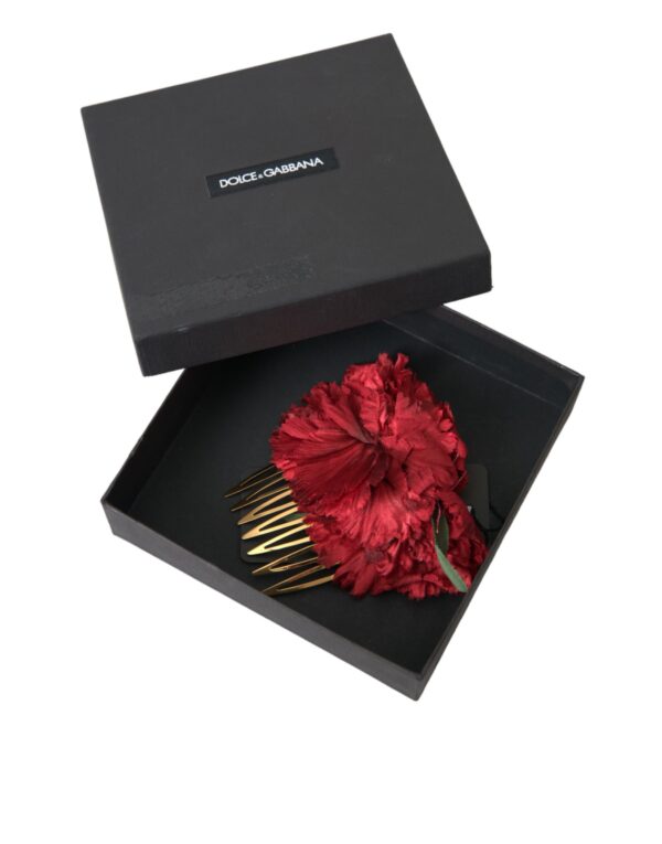 Dolce & Gabbana Red Silk Floral Gold Brass Women Hair Comb - Image 7