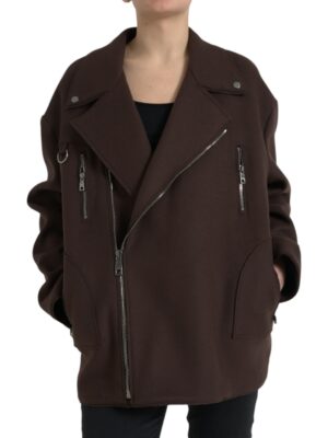 Dolce & Gabbana Brown Coat Short Biker Wool Jacket