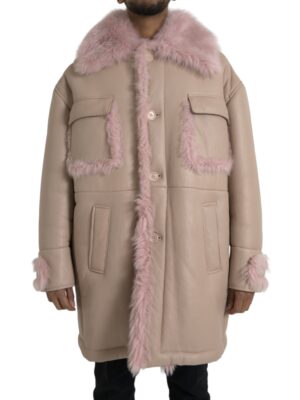 Dolce & Gabbana Beige Pink Lamb Leather Shearling Coat Jacket
