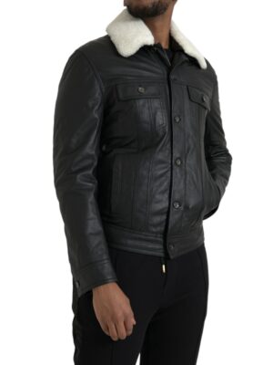 Dolce & Gabbana Black Leather Fur Collar Biker Coat Jacket