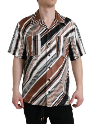 Dolce & Gabbana Brown White Silk Striped Short Sleeve Shirt