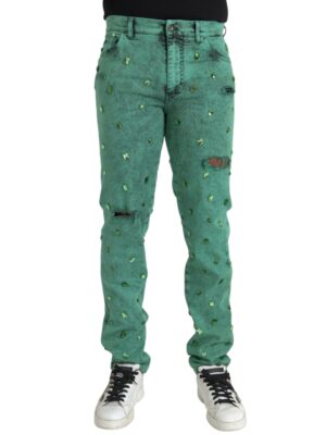 Dolce & Gabbana Green Crystals Cotton Stretch Slim Jeans