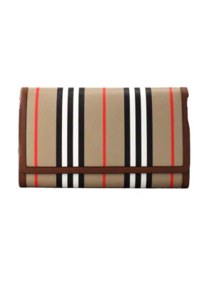 Burberry Hannah Icon Stripe Archive Tan E-Canvas Leather Wallet Crossbody Bag