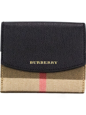 Burberry Luna Black Grained Leather House Check Canvas Coin Pouch Snap Wallet