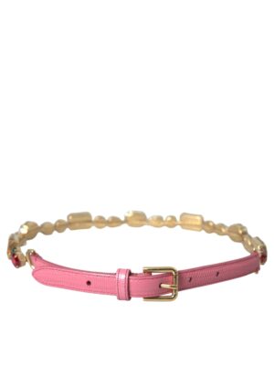 Dolce & Gabbana Pink Leather Crystal Chain Embellished Belt