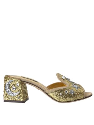 Dolce & Gabbana Gold Sequin Leather Heels Sandals Shoes