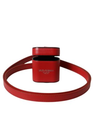Dolce & Gabbana Red Calfskin Leather Logo Print Strap Men Airpods Case