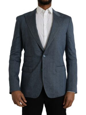 Dolce & Gabbana Blue Linen NAPOLI Single Breasted Coat Blazer