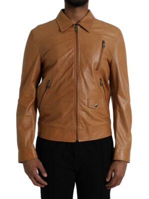Dolce & Gabbana Brown Lamb Leather Full Zip Blouson Jacket