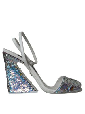Dolce & Gabbana White Silver Sequin Ankle Strap Sandals Shoes