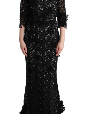 Dolce & Gabbana Elegant Black Maxi Shift Dress with Floral Applique