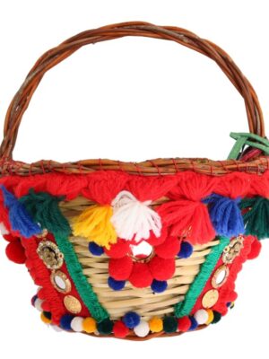 Dolce & Gabbana Elegant Beige Straw & Exotic Skins Pom Pom Tote