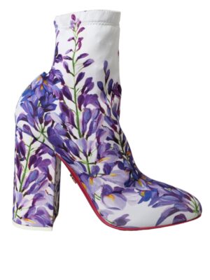 Dolce & Gabbana White Floral Jersey Stretch Boots Shoes