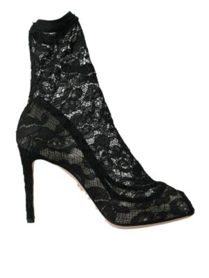 Dolce & Gabbana Black Stretch Taormina Lace Boots Shoes