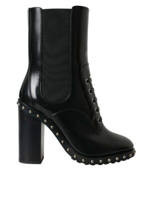 Dolce & Gabbana Black Leather Studded Lace Up Boots Shoes