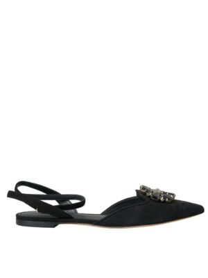 Dolce & Gabbana Black Leather Crystal Slingback Sandals Shoes