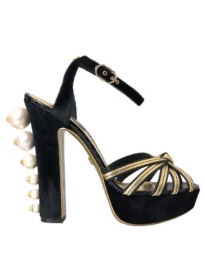 Dolce & Gabbana Black Gold Embellished Heels Sandals Shoes