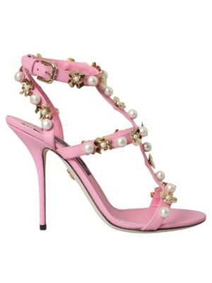 Dolce & Gabbana Pink Leather Embellished Heels Sandals Shoes