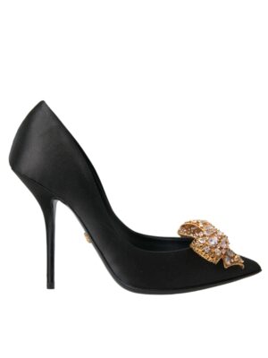 Dolce & Gabbana Black Satin Bow Crystal Heels Pumps Shoes