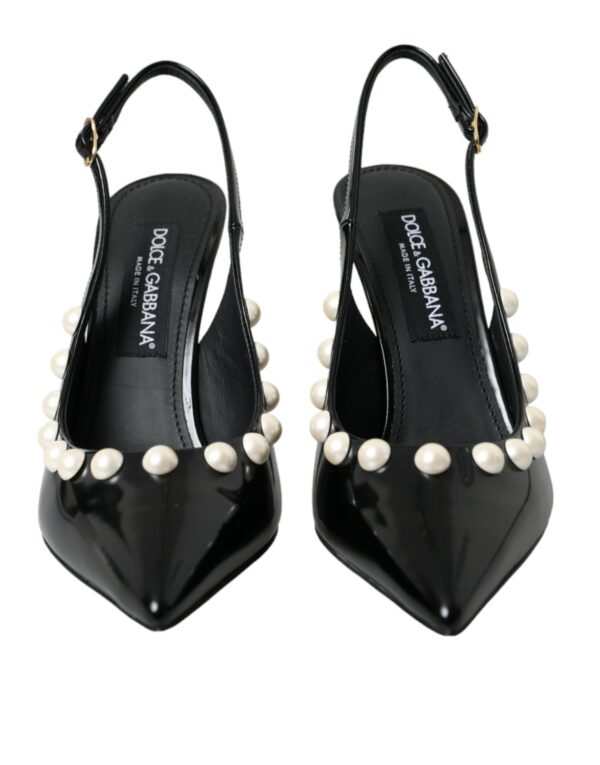 Dolce & Gabbana Black Leather Faux Pearl Heel Slingback Shoes - Image 2