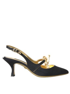Dolce & Gabbana Black Leather Faux Pearls Slingbacks Shoes
