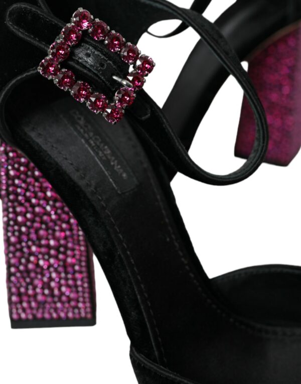 Dolce & Gabbana Black Velvet Strass Crystal Mary Janes Shoes - Image 7