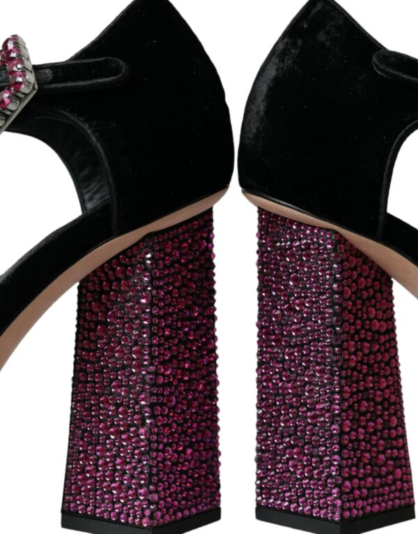 Dolce & Gabbana Black Velvet Strass Crystal Mary Janes Shoes - Image 8