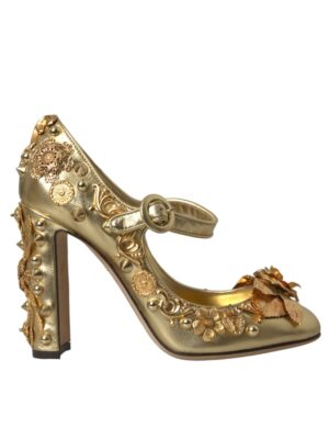 Dolce & Gabbana Gold Leather Crystal Mary Janes Pumps Shoes