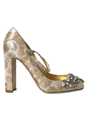Dolce & Gabbana Gold Jacquard Crystal Mary Janes Pumps Shoes