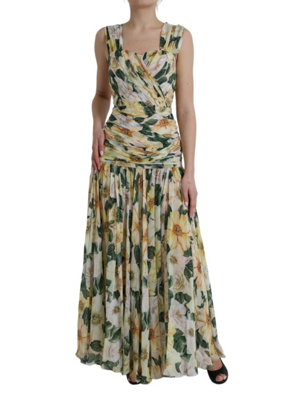 Dolce & Gabbana Yellow Floral Print Silk Pleated Maxi Dress - Image 2