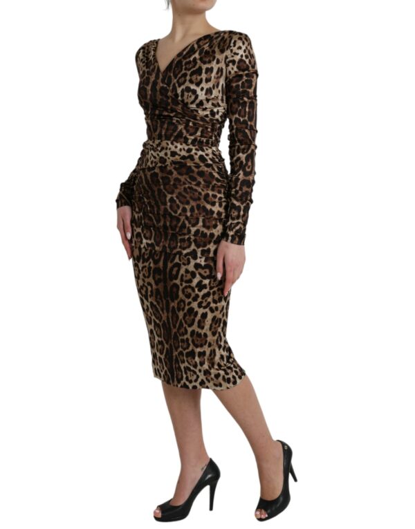 Dolce & Gabbana Brown Leopard Print Bodycon V-neck Midi Dress - Image 3