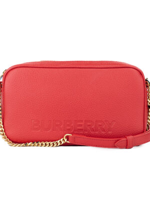 Burberry Small Red Pebbled Leather Elongated Camera Crossbody Bag Purse