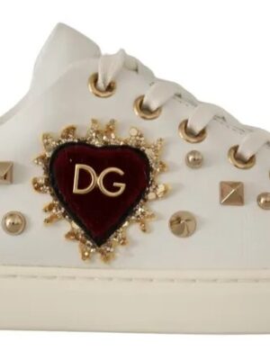 Dolce & Gabbana White Leather Gold Red Heart Sneakers Shoes