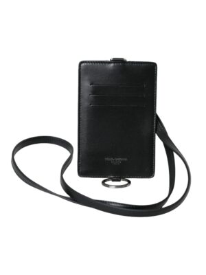 Dolce & Gabbana Black Calf Leather Lanyard Logo Card Holder Men Wallet
